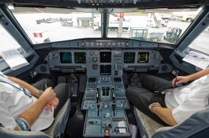 The cockpit of an Airbus A320 of British Midland International prior to a flight from Frankfurt to Manchester.