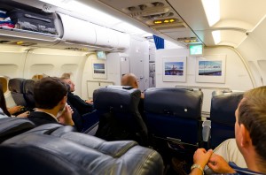 Inside an Airbus A321 of British Airways in Business Class.