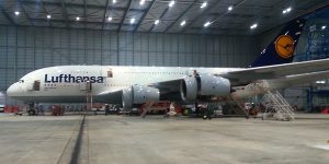 Lufthansa A380 in the maintenance hangar at Frankfurt Airport.