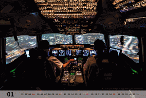 January image of the MD-11 Calendar 2015 showing the flight deck of a Lufthansa Cargo MD-11F on approach during the night.