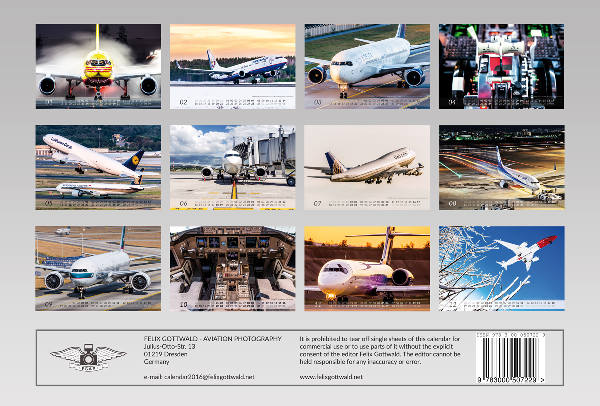 Calendar sheet overview - BOEING Aviation Calendar 2016